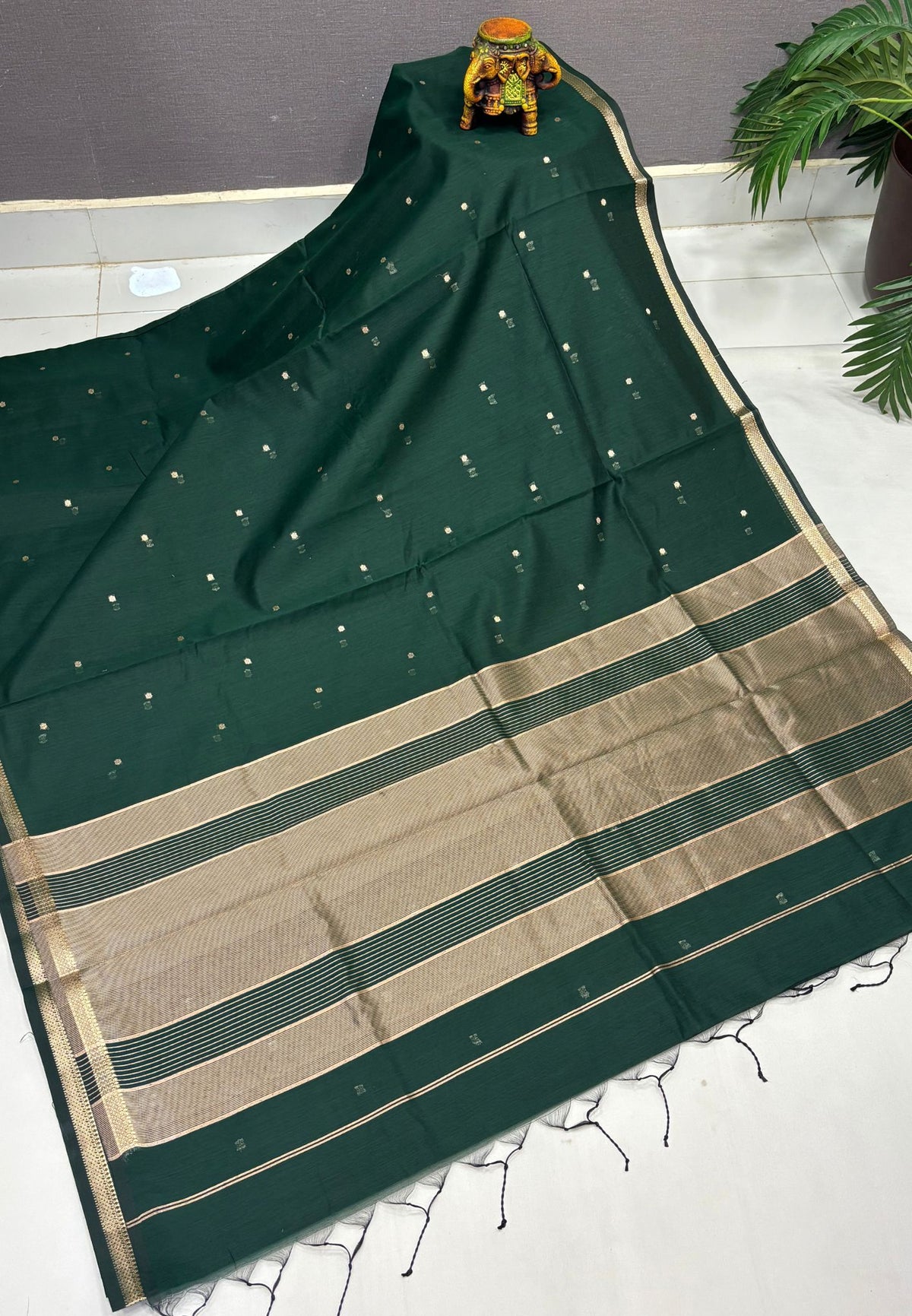 Semi Maheswari Saree-Green In Double Line Zari Stripe Border