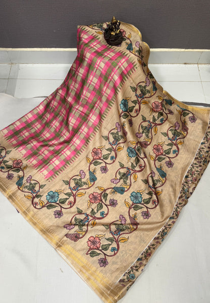 Semi Tussar Saree - Pink Madras Checks With Floral Designs