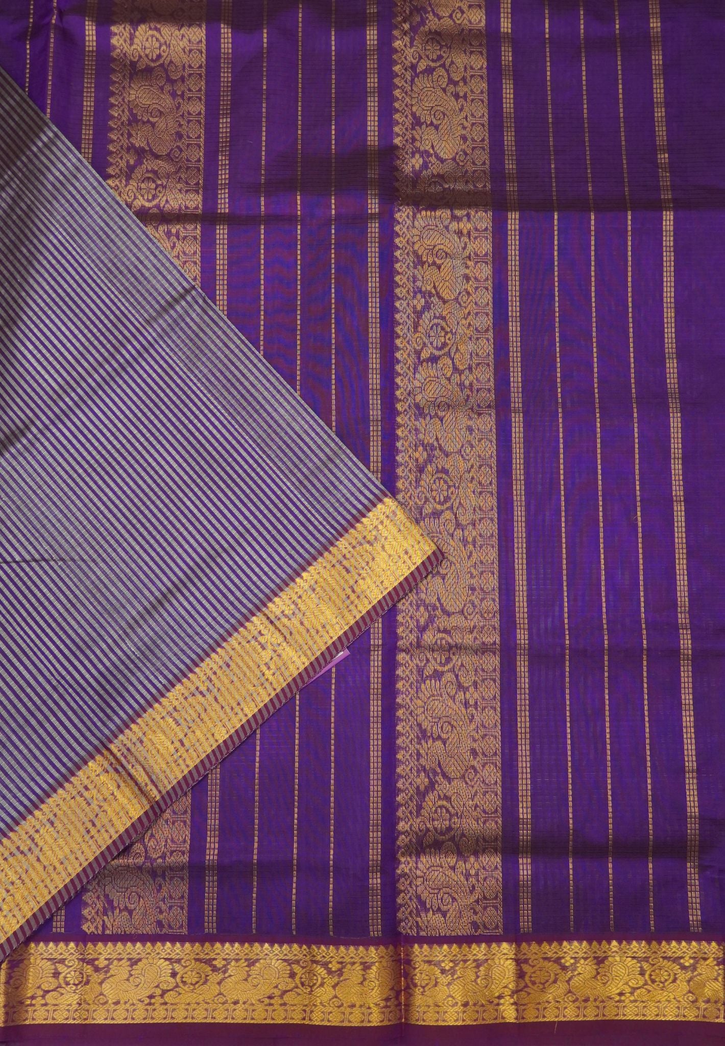 Pure Silk Cotton Saree-Purple Stripes with Zari Woven Border
