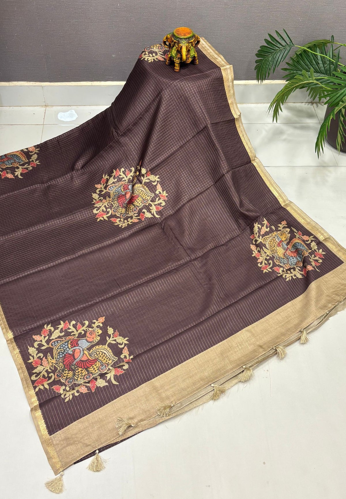 Soft Tussar Saree-Brown In Kalamkari Peacock Border