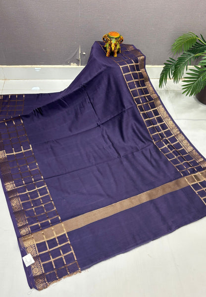 Semi Chinya Silk Saree-Dusty Violet In Checkered Zari Border