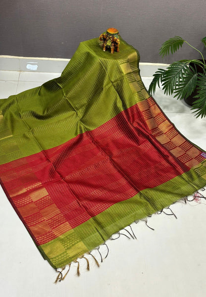 Semi Raw Silk Saree-Olive Green In Checkered Zari With Contrast Border