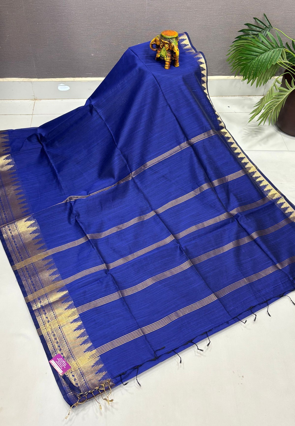 Handloom Silk Cotton Saree-Blue in Temple Tower Zari Border