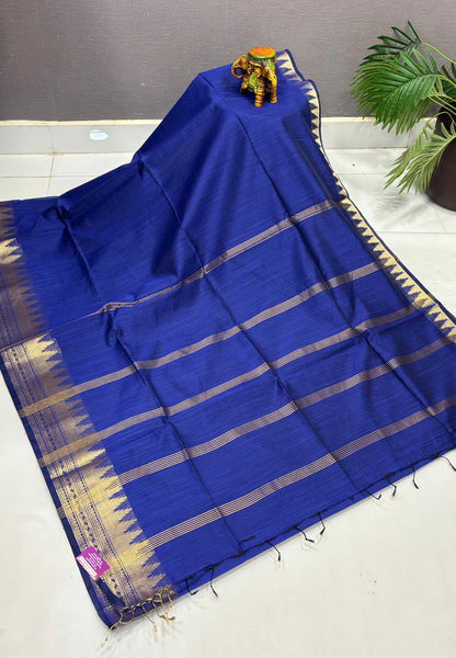 Handloom Silk Cotton Saree-Blue in Temple Tower Zari Border