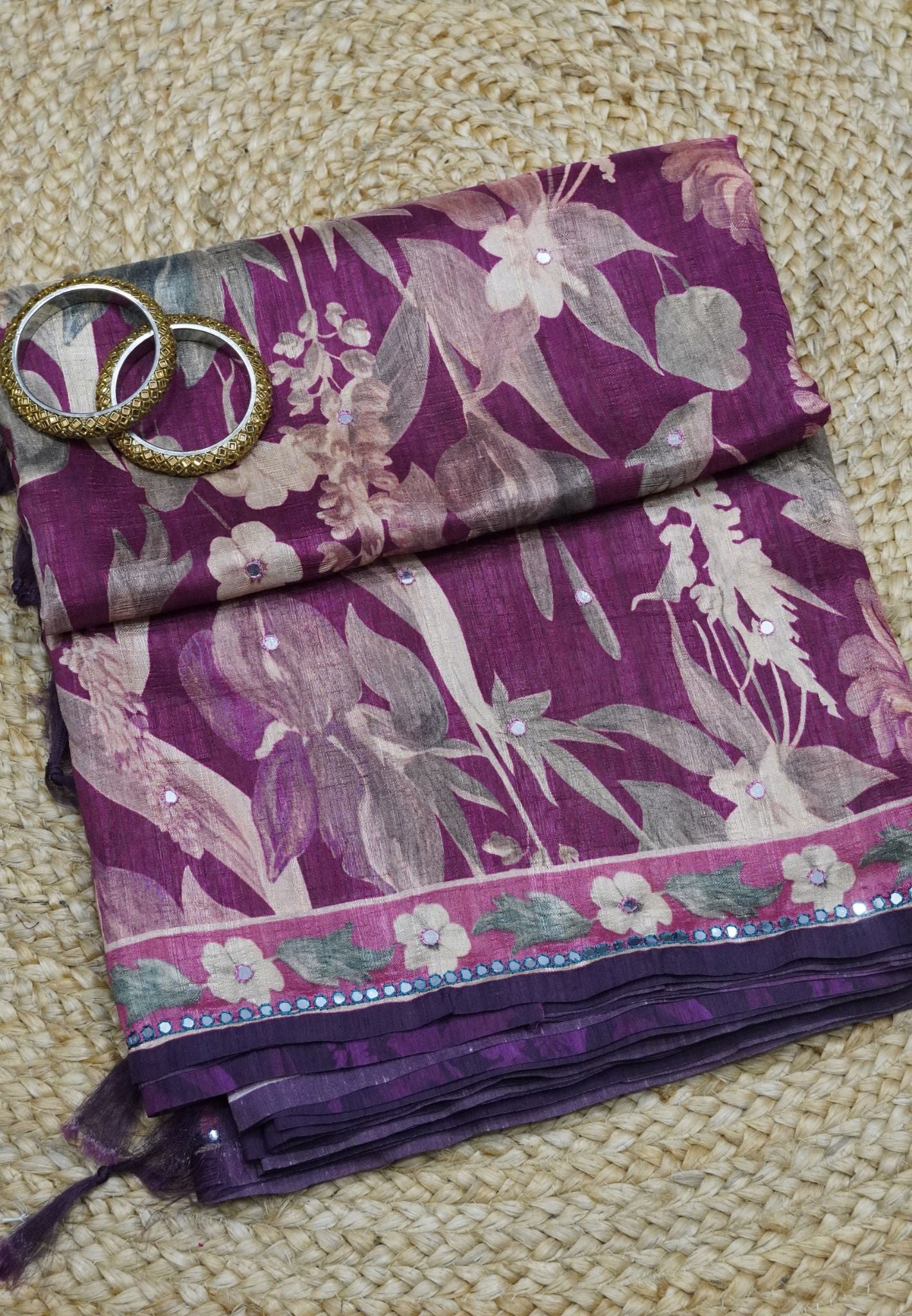 Semi Tussar Saree - Mirror Work Wine