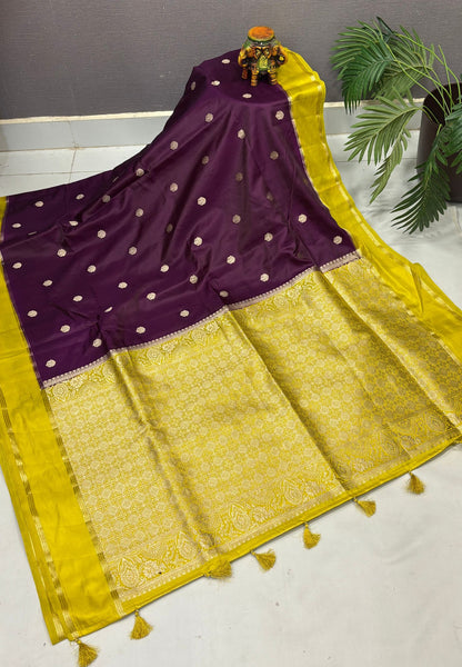 Gaji Silk Saree-Dark Purple in Butta Retpet Zari with Contrast Border