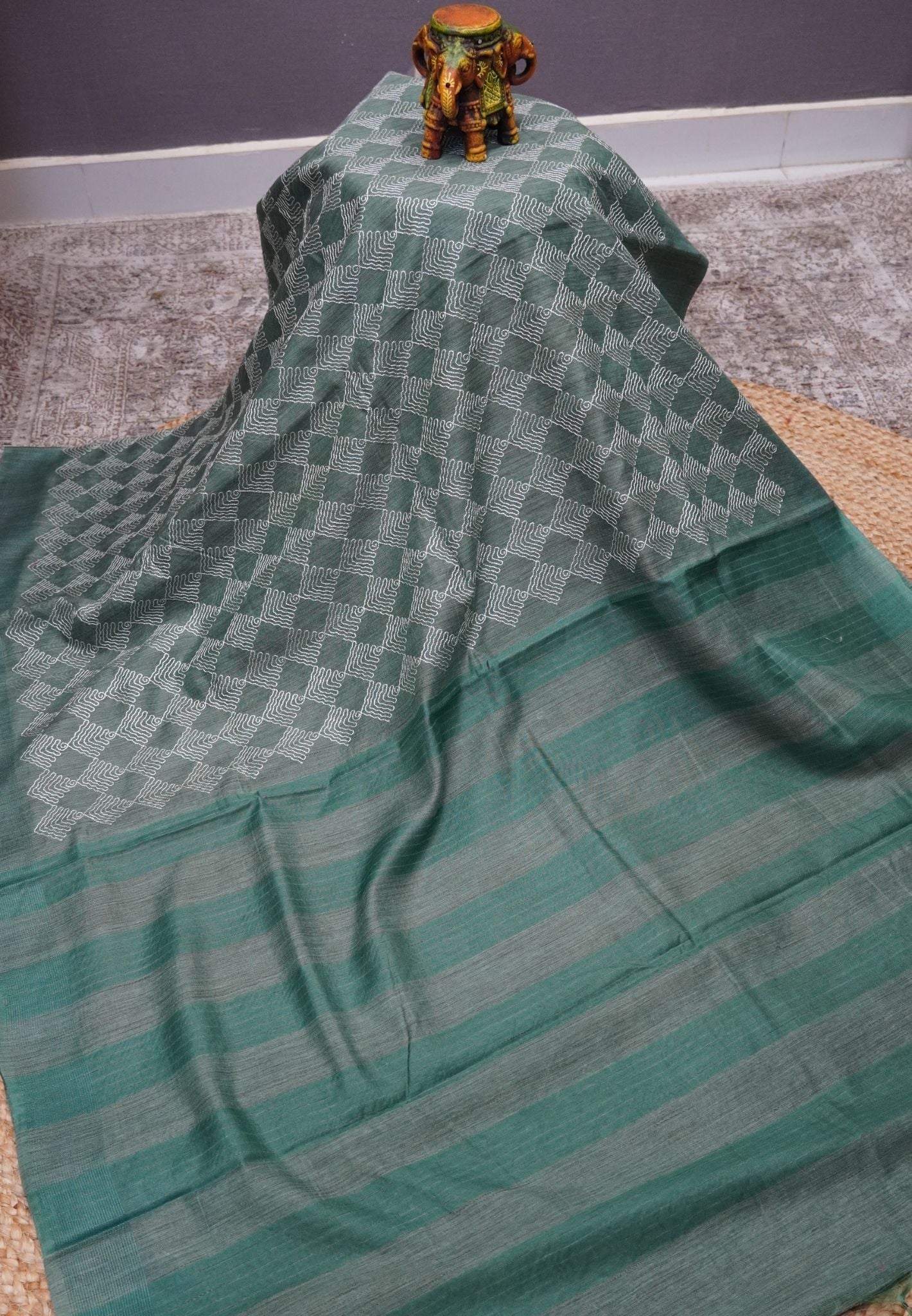 Kota Tussar Saree-Metalic Green Embroidery