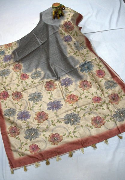 Semi Tussar Saree-Grey with Kantha Work