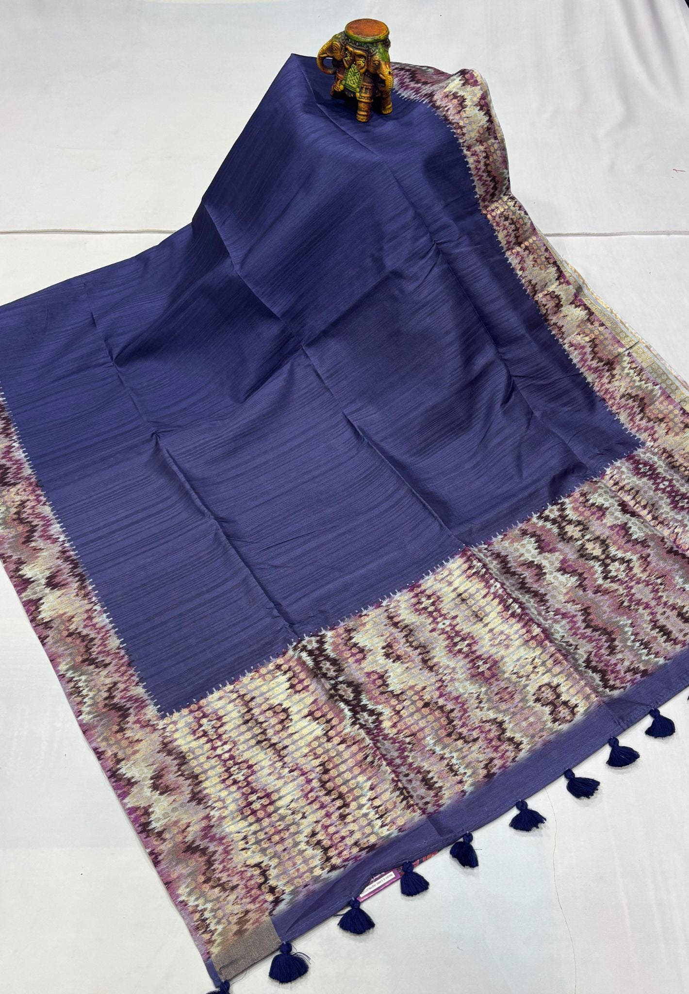 Semi Tussar Saree-Blue with Coin Zari Border