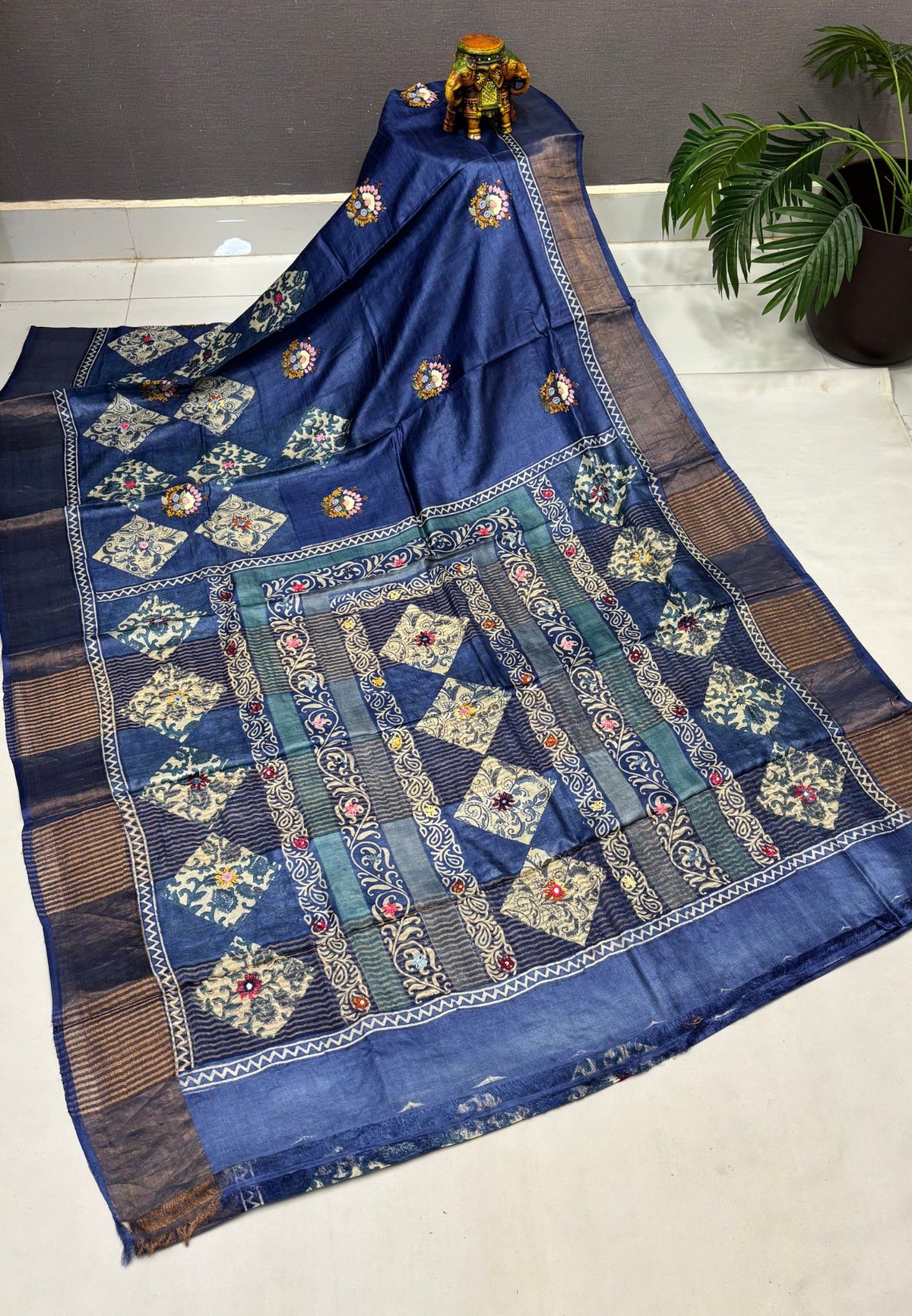 Pure Tussar Saree-Blue with Mirror Work