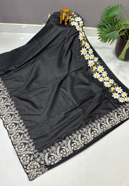 Rsian Silk Saree-Black In Daisy Floral Embroidery Border