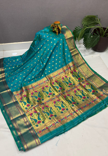 Traditional Peacock Floral Brocade Border - Sea Green