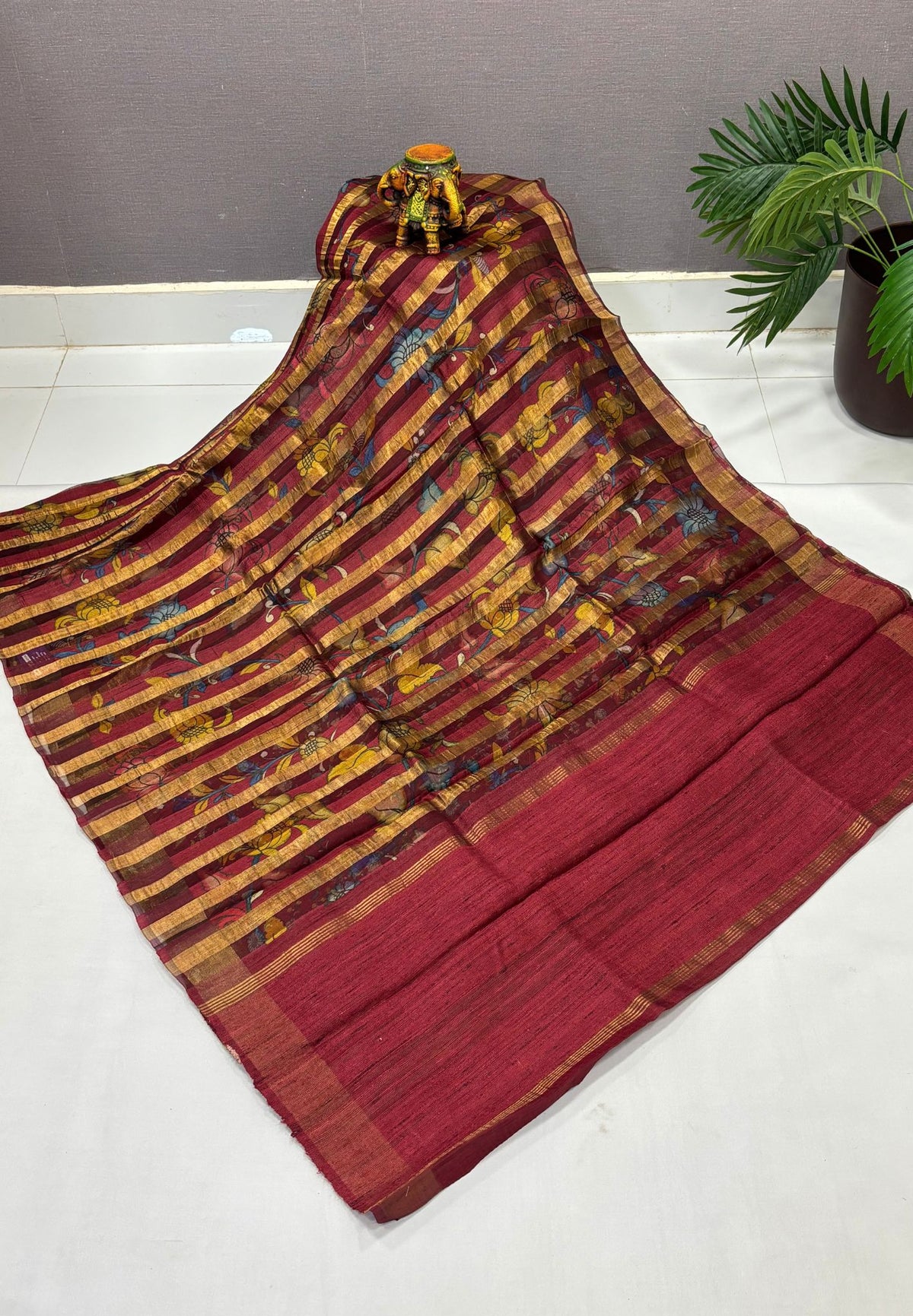Pure Organza Tussar Saree-Maroon In Striped Zari Border