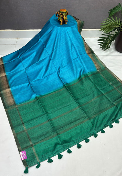 Matka Tussar Saree-Sulphat Blue in Classic Striped Zari with Contrast Border