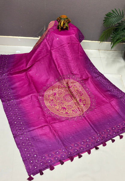 Pure Tussar Saree-Magenta In Diamond Lattice With Contrast Border