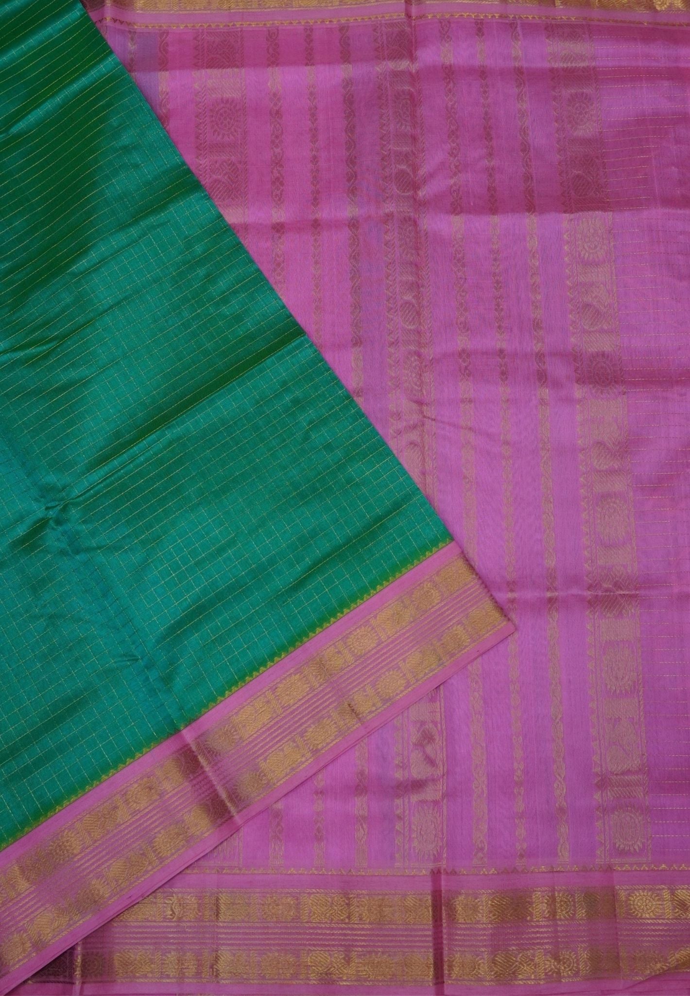 Pure Silk Cotton Saree – Teal Green in Zari Checks with Contrast Border