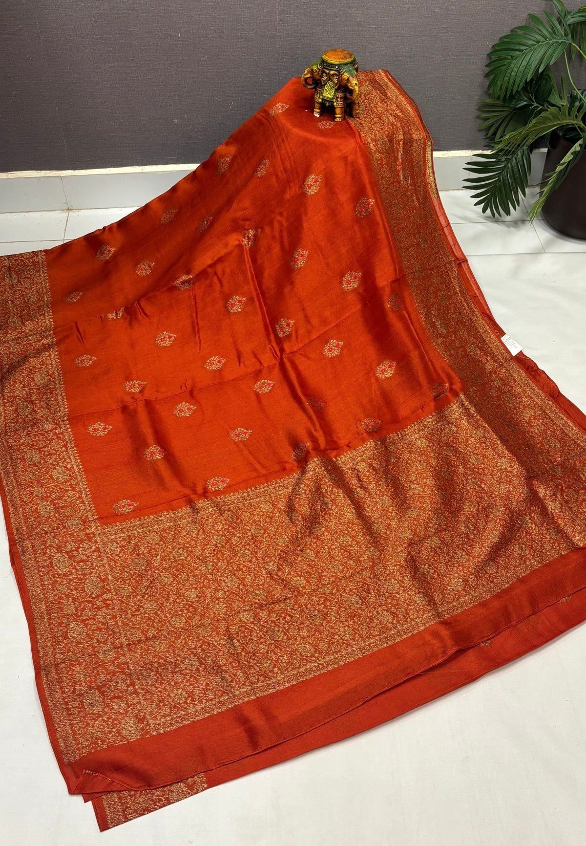 Banarasi Tussar Saree-Rust Orange in Floral Brocade Zari Border