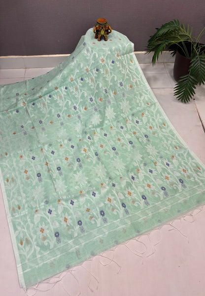 Dhakai Jamdhani Cotton Saree-Light Sea Green In Floral Vine Zari Border