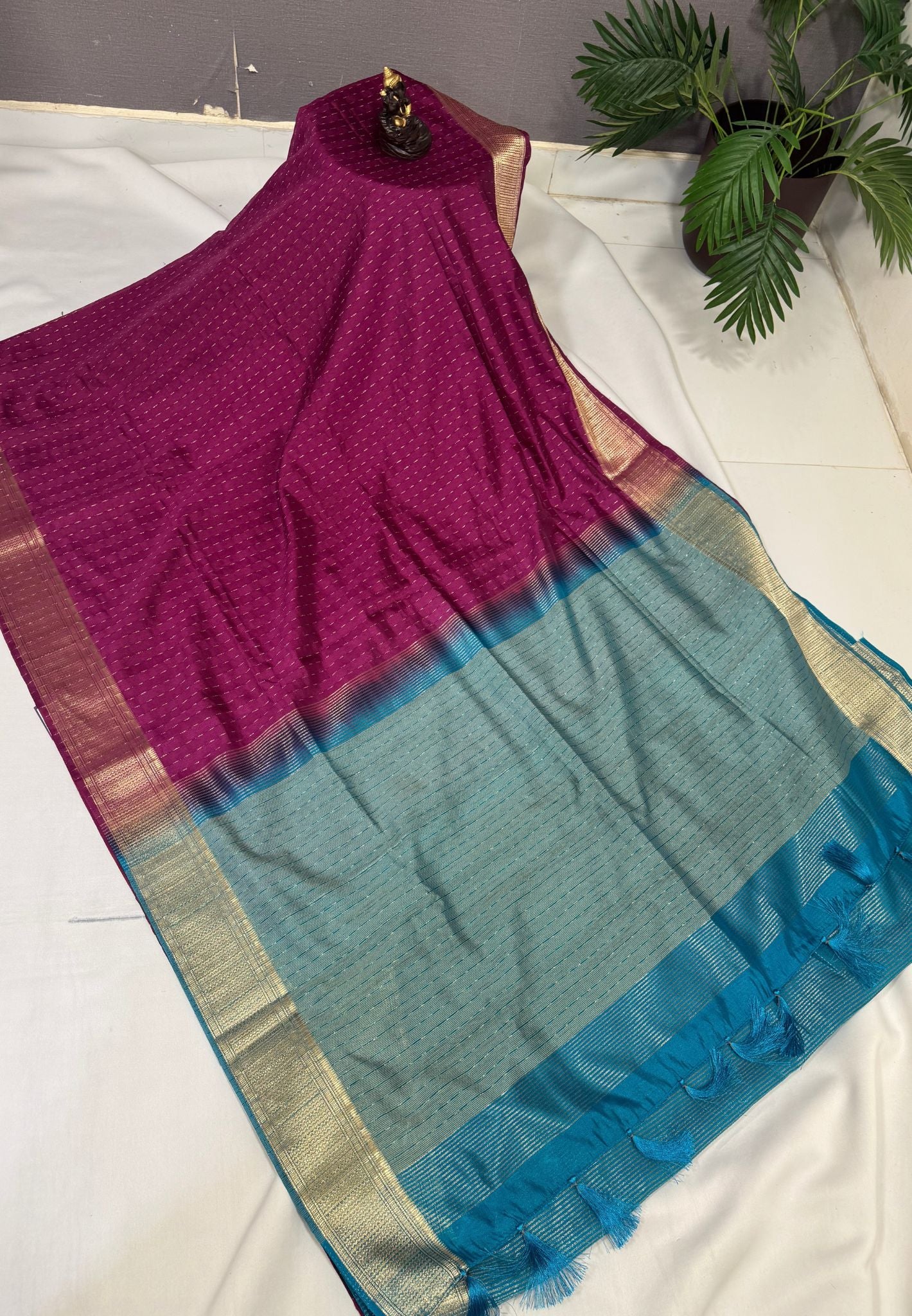 Semi Tussar Saree-Wine with Zari Lines