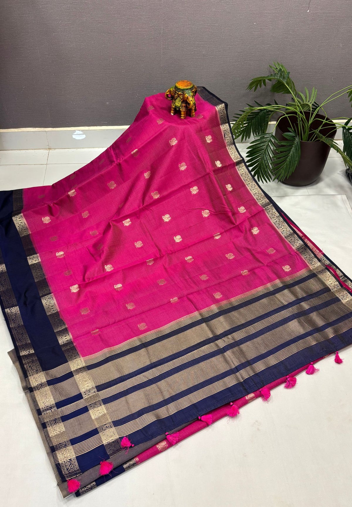 Semi Tussar Saree-Magnta Pink  in Traditional Floral Zari Stripe with Contrast Border