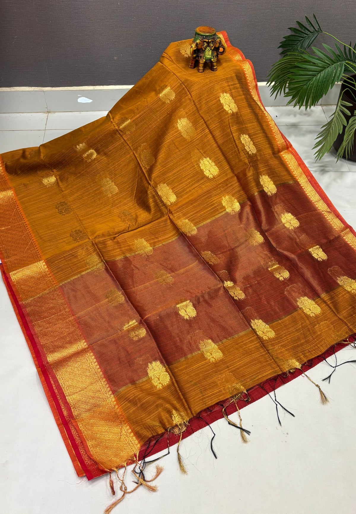 Handloom Silk Cotton Saree-Mustard in Mini Butta Zari Border