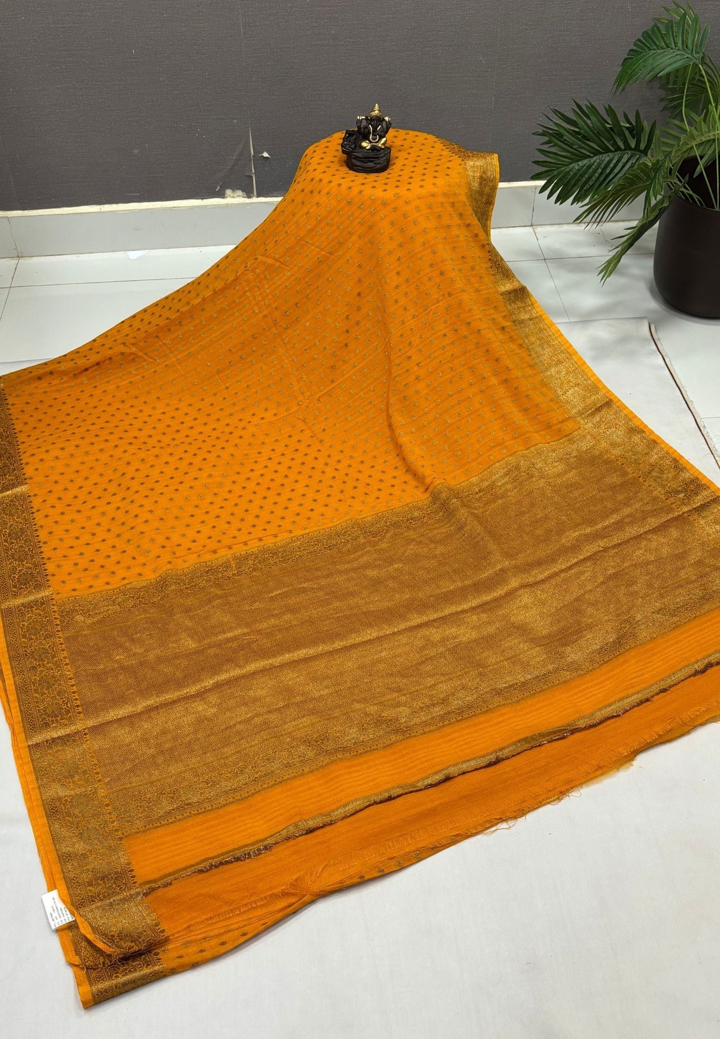 Banarasi Georgette Saree-Mango Yellow with Mini Leaf Butta and Zari Border