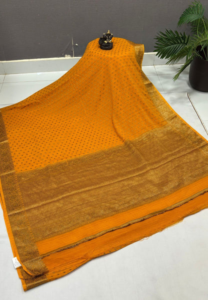 Banarasi Georgette Saree-Mango Yellow with Mini Leaf Butta and Zari Border