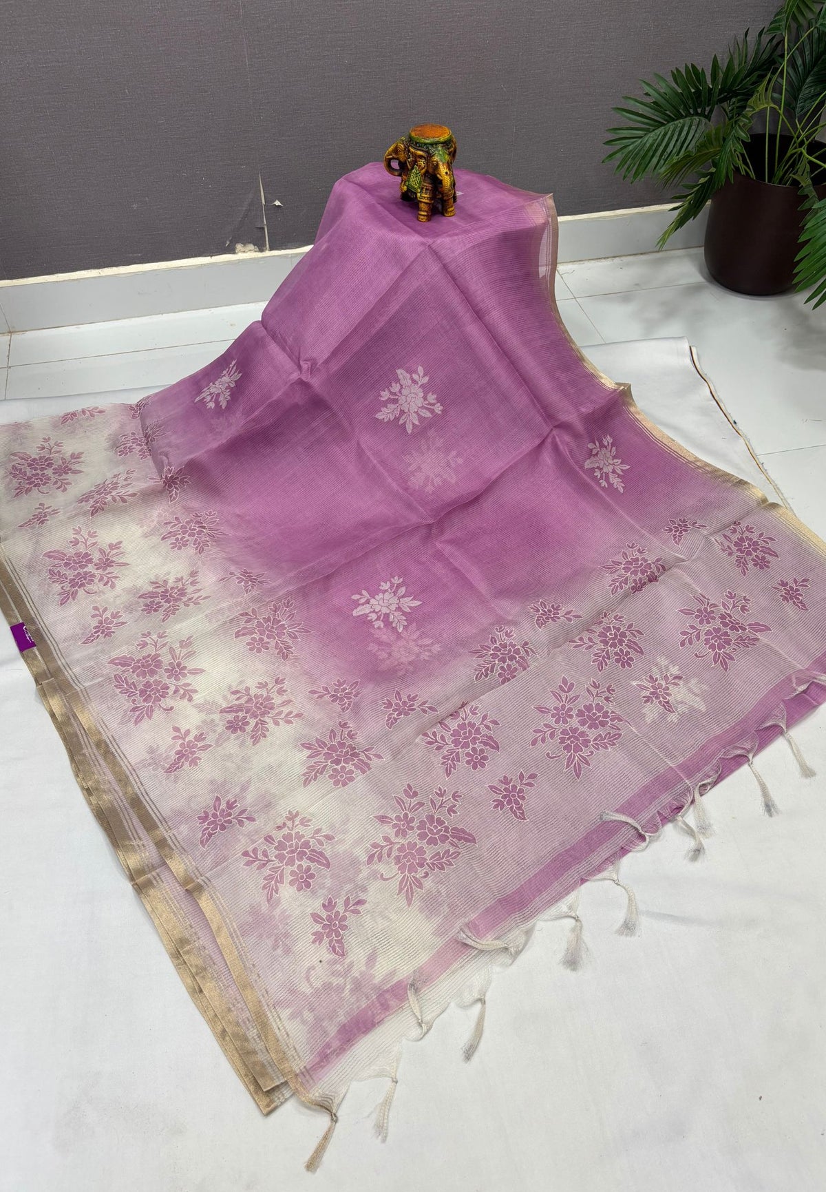 Organza Saree-Purple with Floral Aplique Work