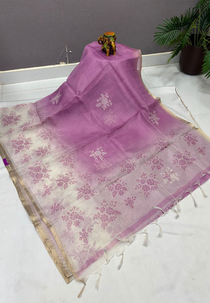 Organza Saree-Purple with Floral Aplique Work