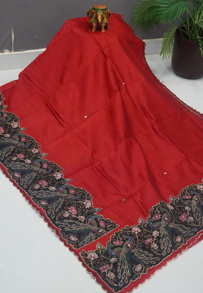 Pure Mangalgiri Silk Saree-Red in Tanjore Print with Aplique Work