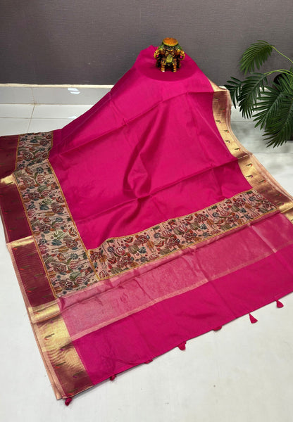 Silk Kota Saree-Rani Pink In Kalamkari Embroidery Border