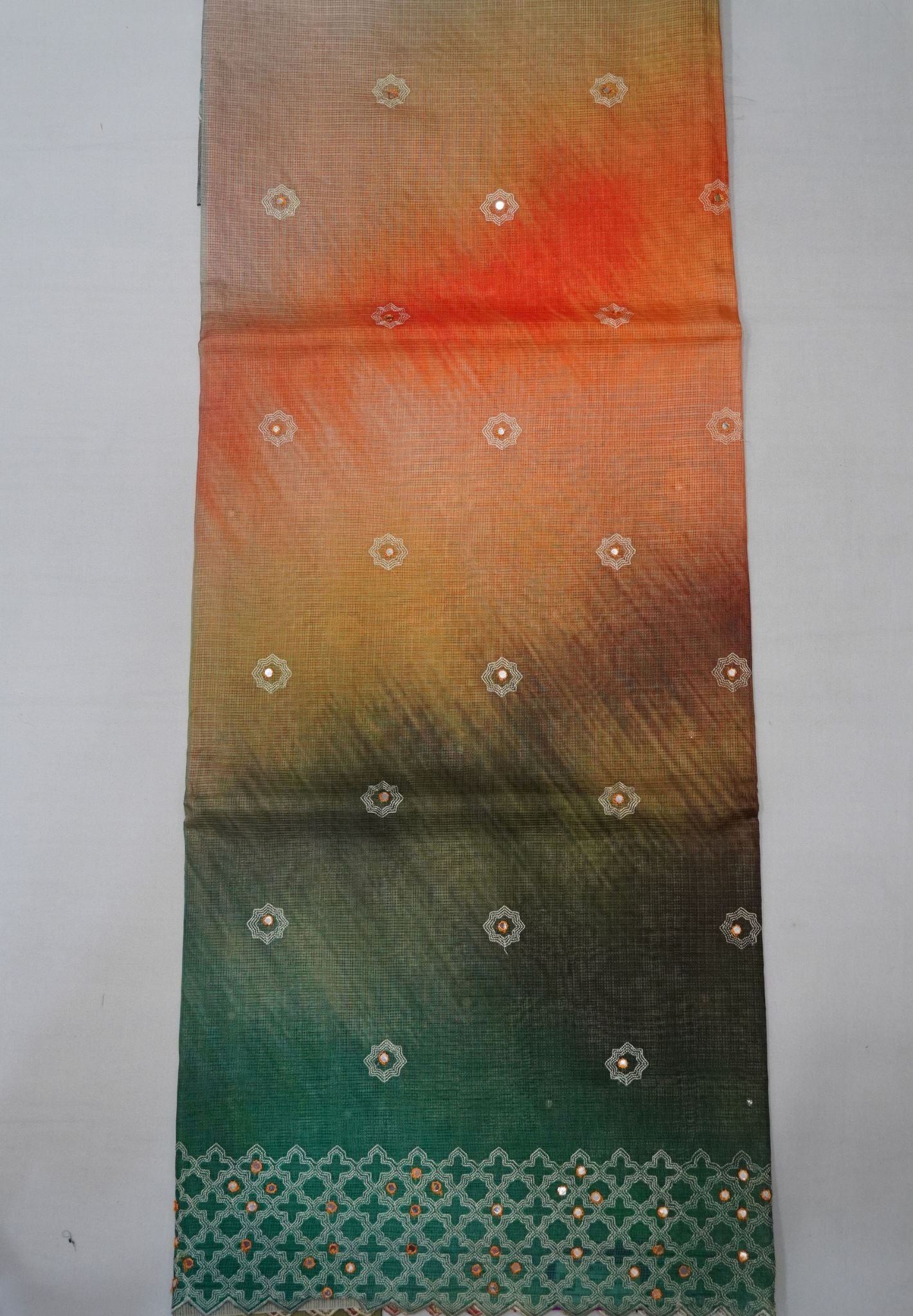 Kota Saree Green-Orange Multi Shade with Mirror Work