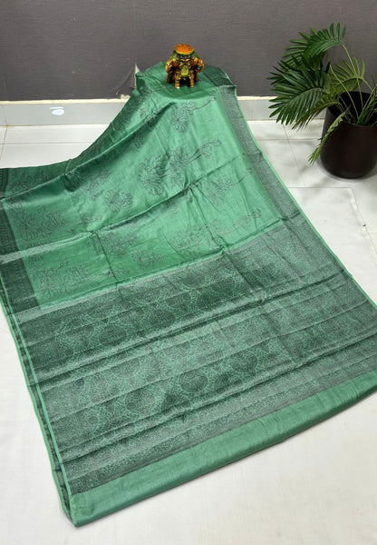 Tussar Saree-Pista Green In Glitter Floral Border