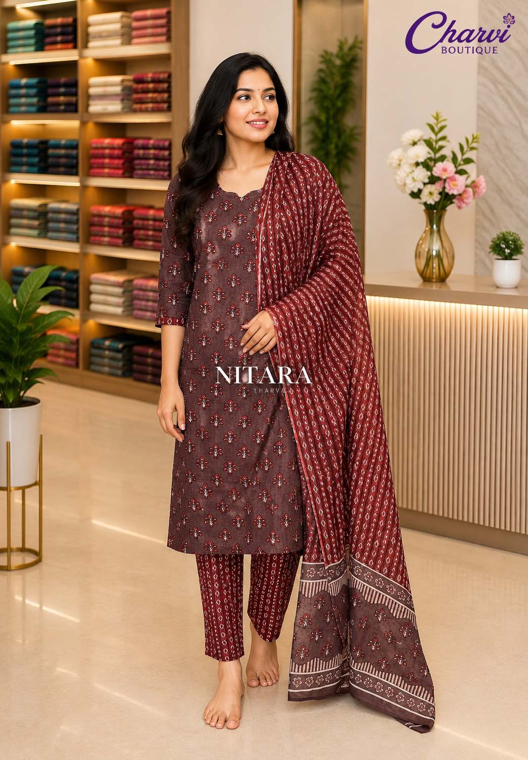 3Pc Salwar Suit with Ajrakh Print