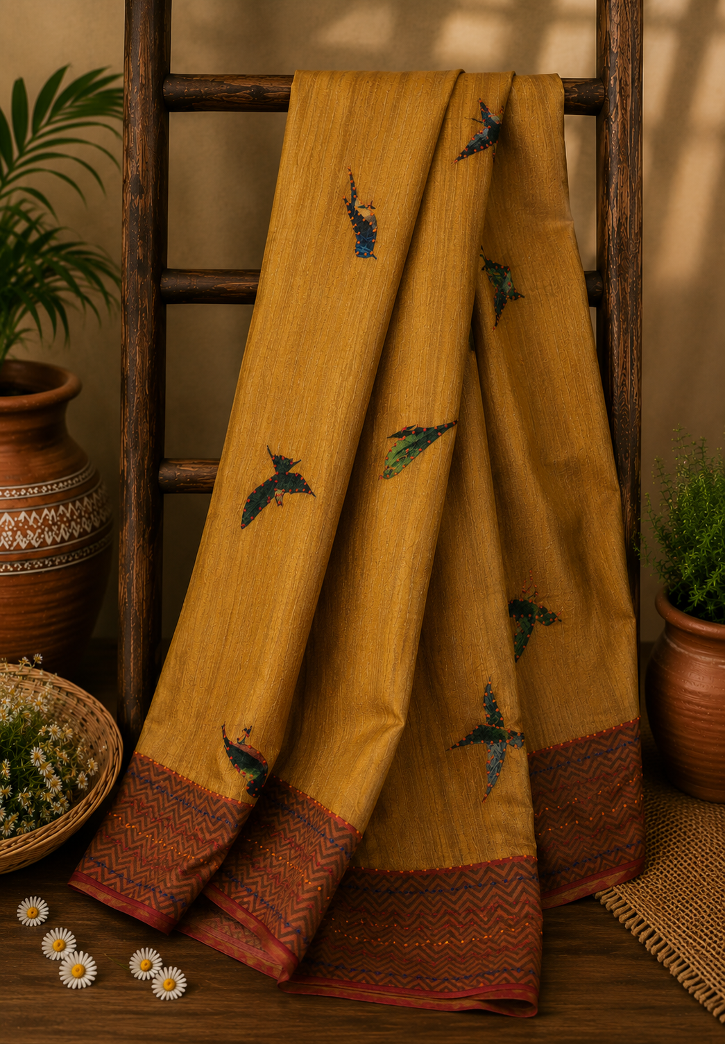 Pure Tussar Saree – Dark Mustard in Bird Pattern with French knot