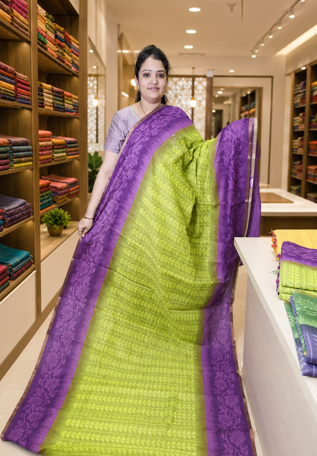 Linen Saree- Fluorescent Green-Purple with Abstract Pattern