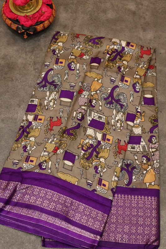 Dola Silk Saree Folk Art Print-Grey