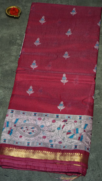 Semi Linen Pink Saree With Madhubani Print