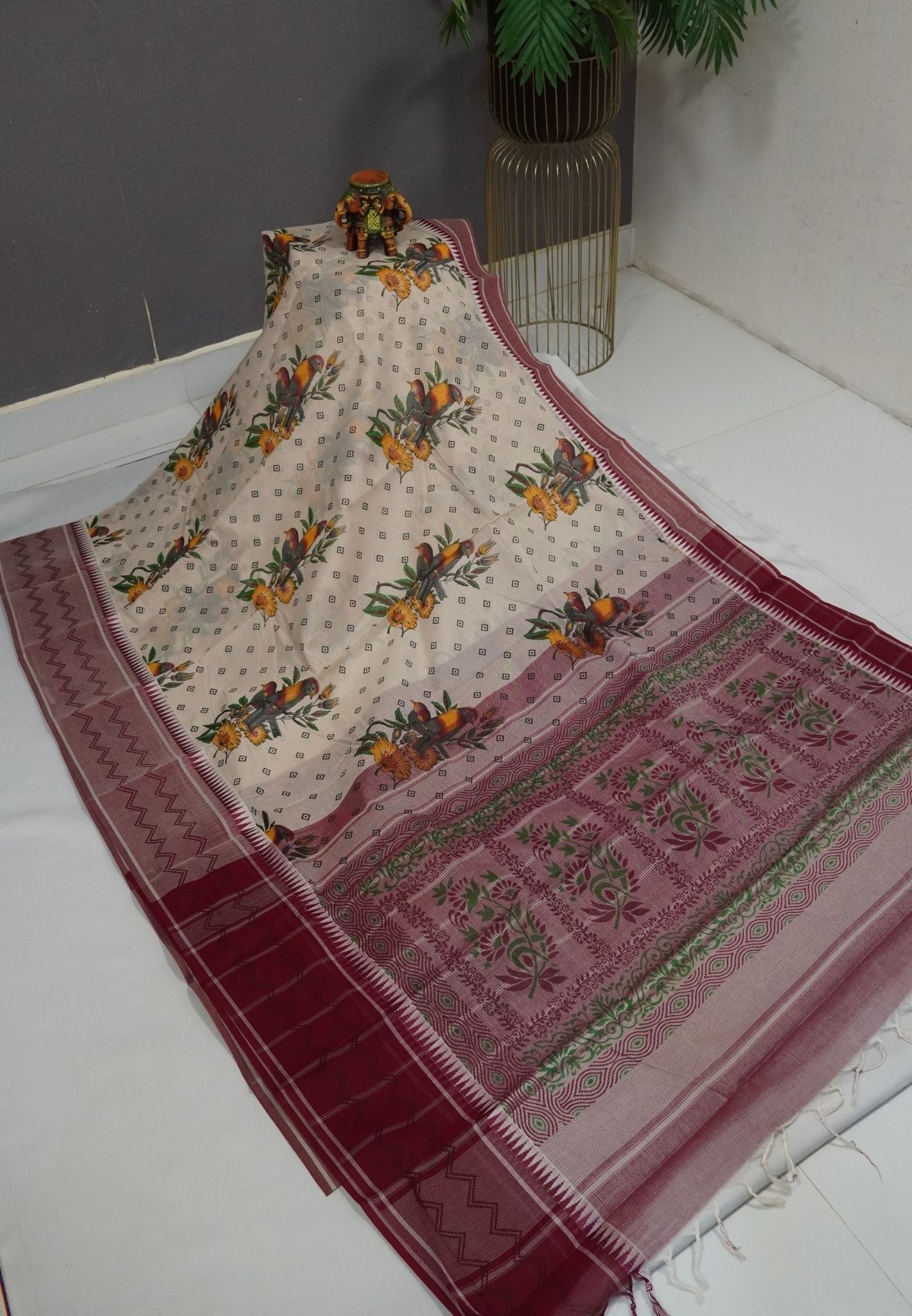 Pure Cotton Saree-Cream with Maroon in Bandhini