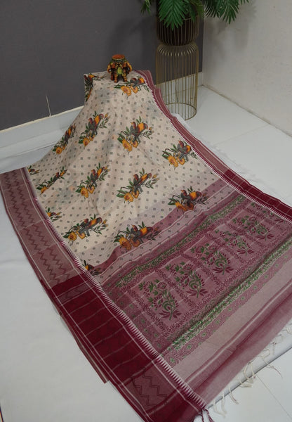 Pure Cotton Saree-Cream with Maroon in Bandhini
