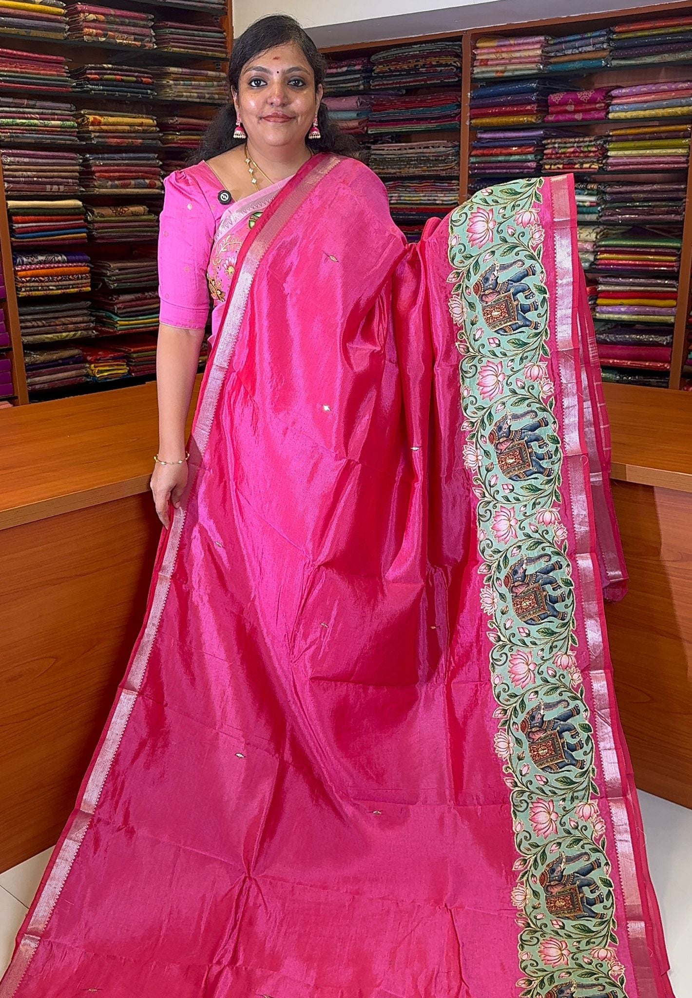 Pure Mangalgiri Silk Saree-Pink with Appliqué Work