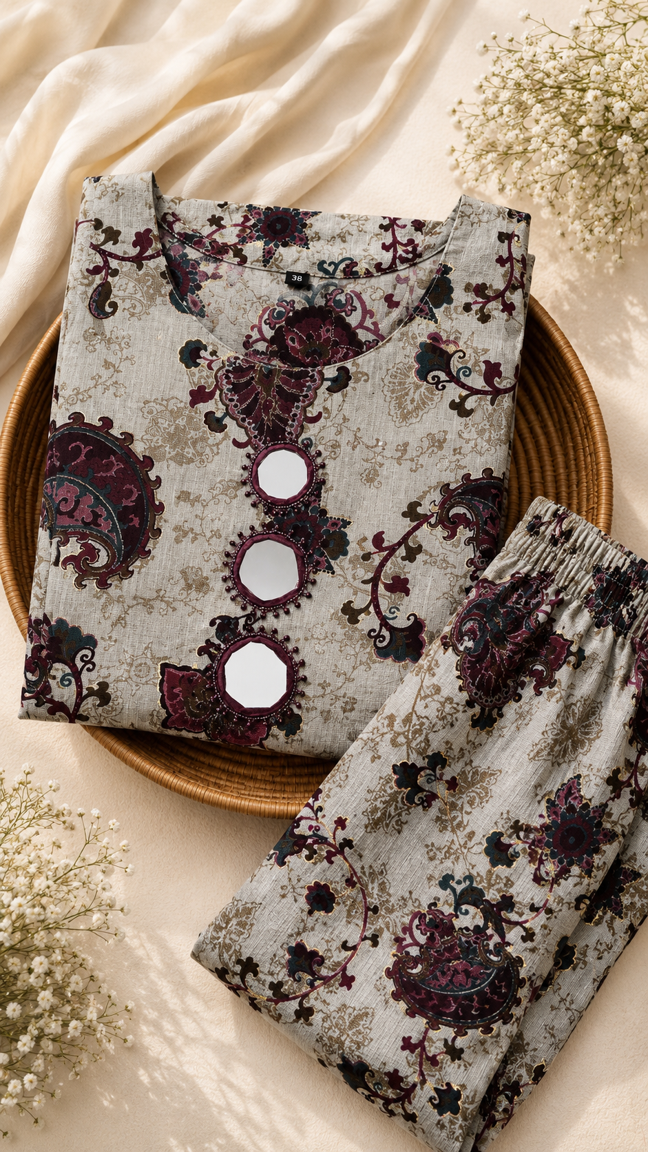 Cord Set - Mirror Work with Floral Printed