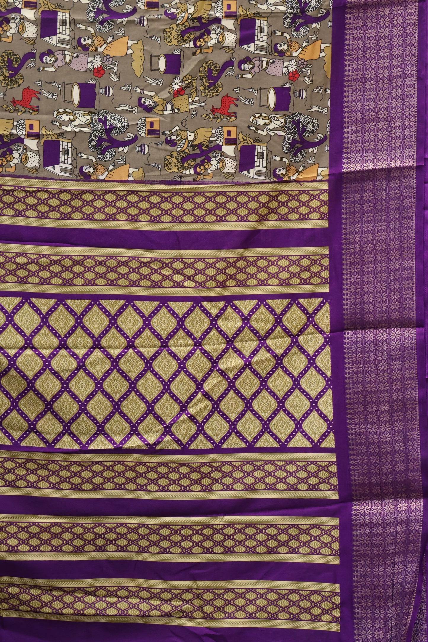 Dola Silk Saree Folk Art Print-Grey