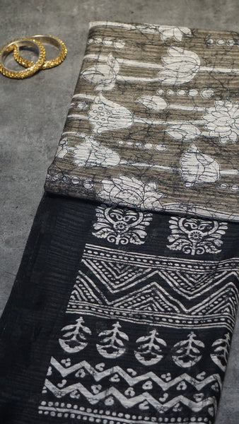Jute Cotton Saree Lotus Print Grey