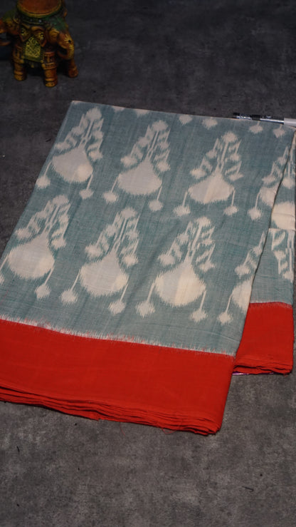 Pochampally Cotton double Ikkat Saree Light Teal Green - Red