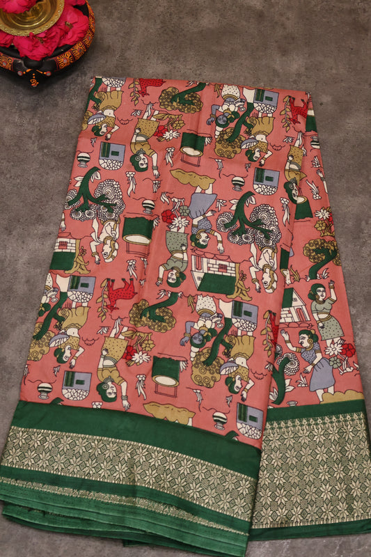 Dola Silk Saree Folk Art Print-Pink