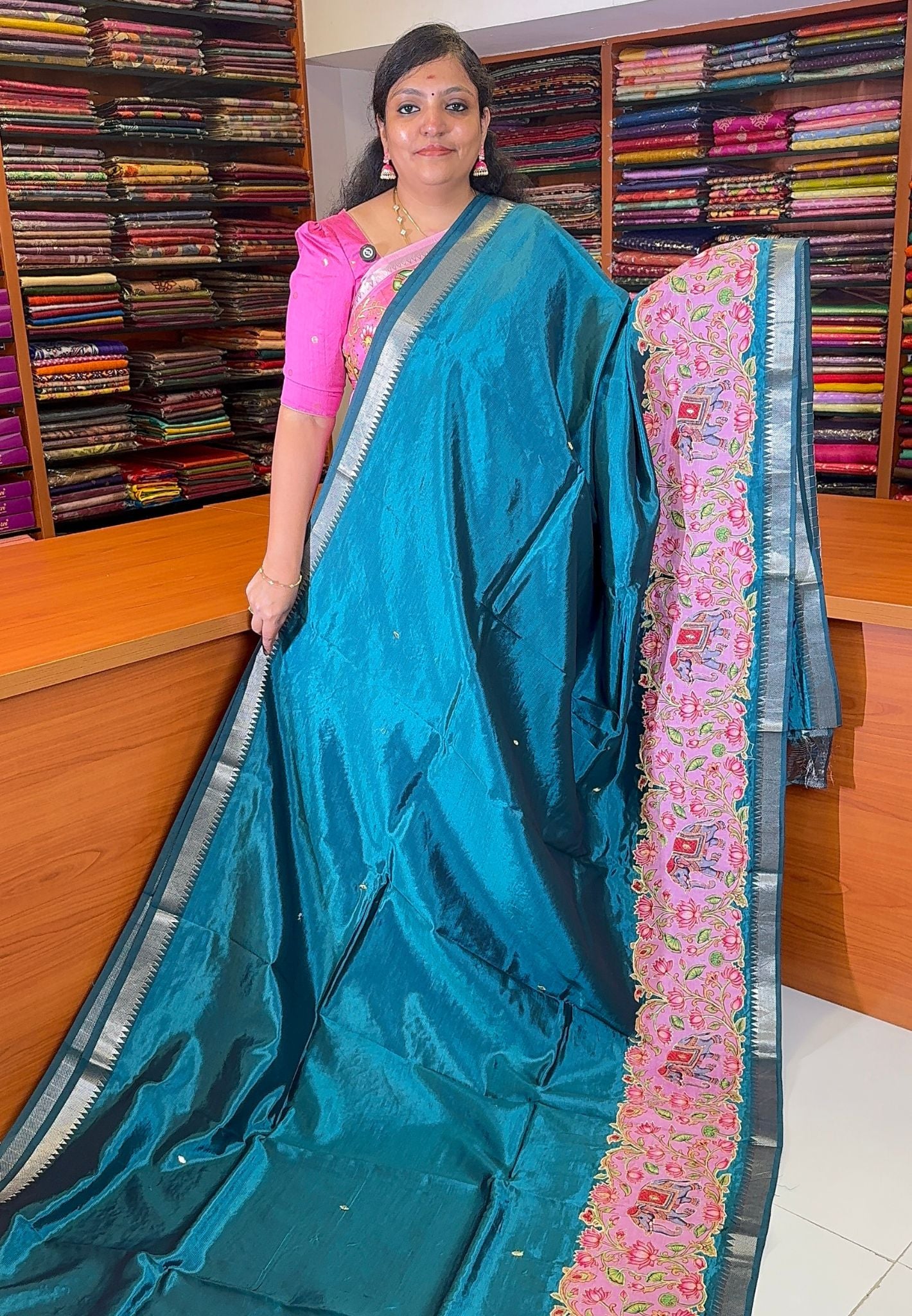 Pure Mangalgiri Silk Saree-Peacock Green with Appliqué Work