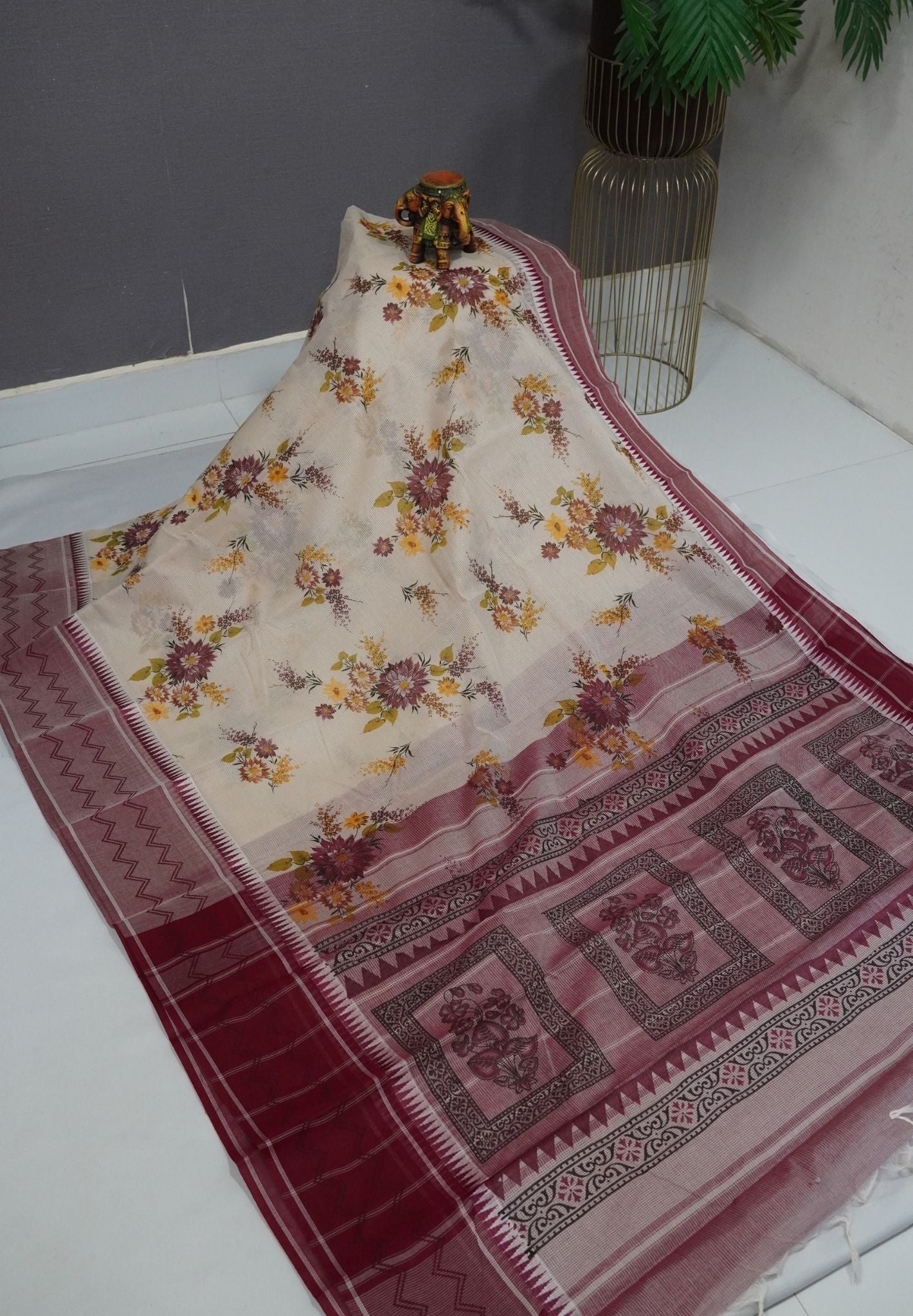 Pure Cotton Saree-Cream with Maroon in Vintage Bloom
