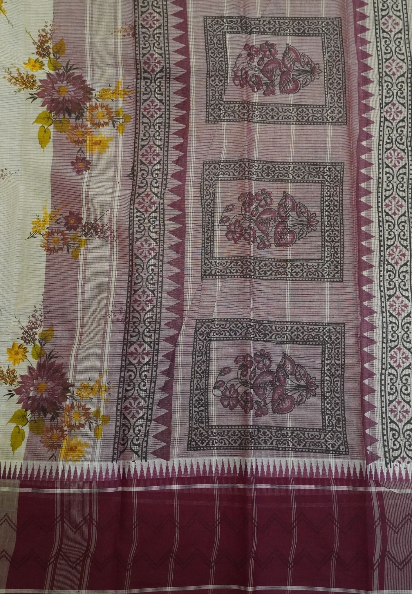 Pure Cotton Saree-Cream with Maroon in Vintage Bloom