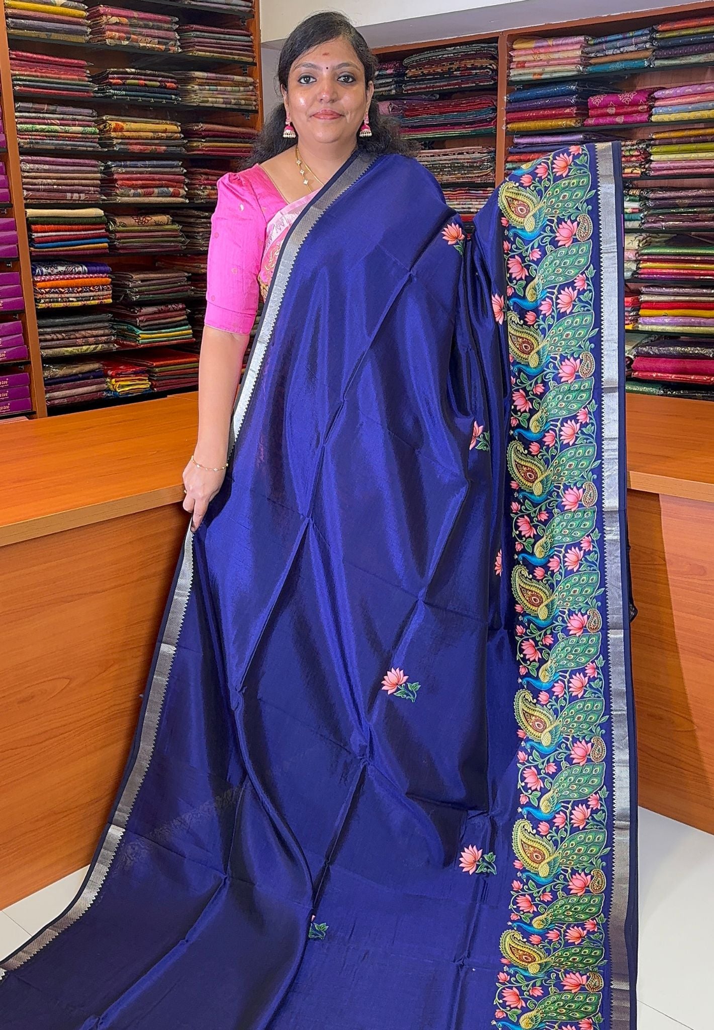 Pure Mangalgiri Silk Saree-Navy Blue in Tanjore Print